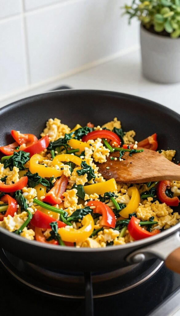Veggie scramble with bell peppers and spinach in a pan