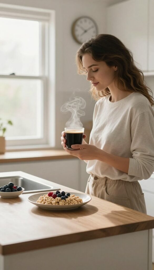 Person holding black coffee in a sunlit kitchen with oatmeal and berries on the counter, clock showing 8 a.m.