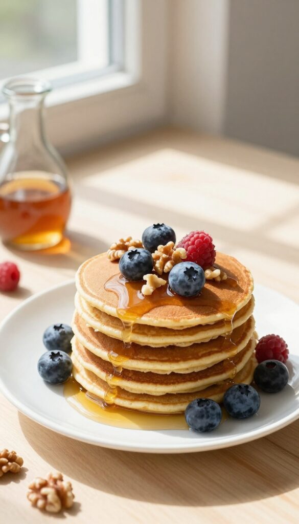 Stack of banana oat pancakes with fresh berries and maple syrup on a white plate, natural light.