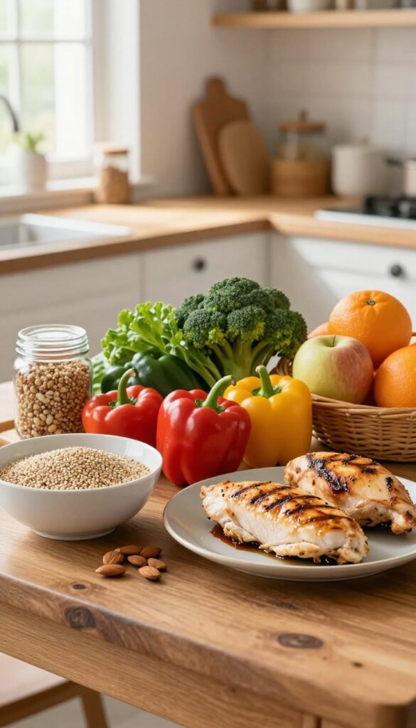 Assortment of naturally gluten-free whole foods including quinoa, vegetables, chicken, fruits, and nuts on a wooden table in a sunlit kitchen.