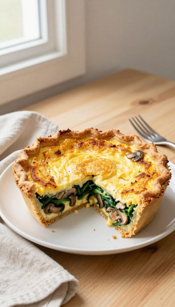 Spinach and mushroom quiche with hash brown crust on a wooden table