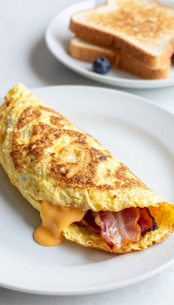 Cheesy bacon omelet on a plate with toast and berries