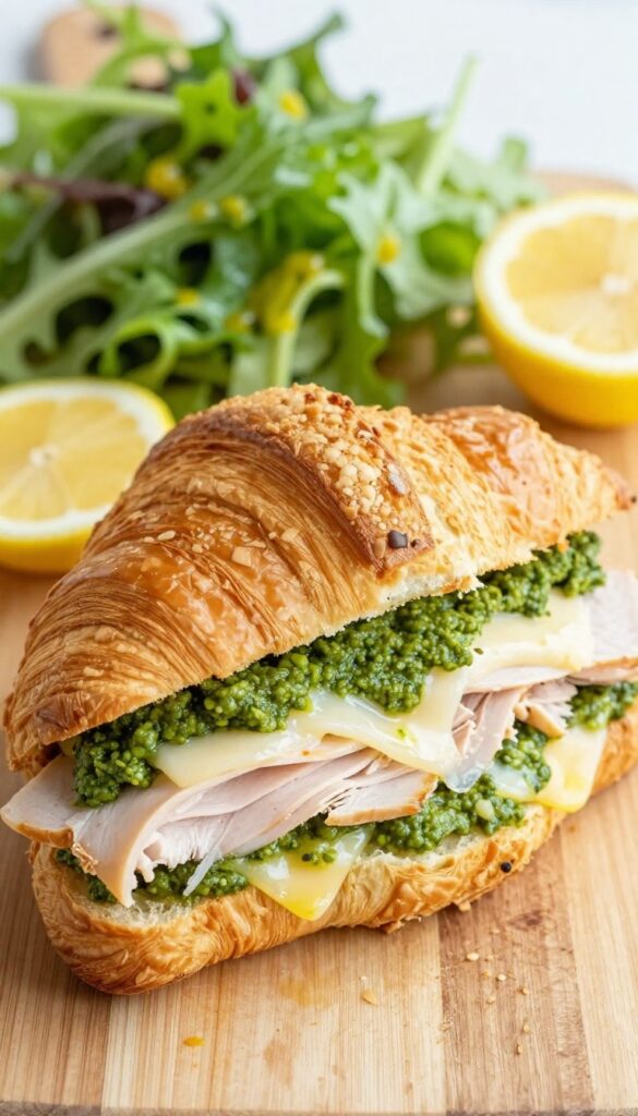 Pesto, turkey, and provolone croissant sandwich cut in half, showing melted cheese and pesto, with a side salad on a wooden board.