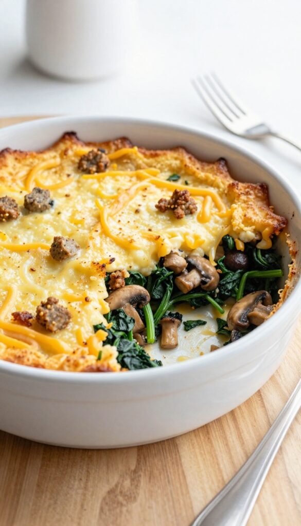 Sausage, mushroom, and spinach breakfast casserole in a baking dish, golden and puffed, on a wooden table in natural light.