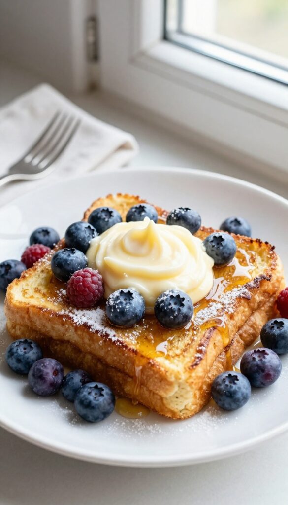 Lemon Ricotta French Toast with honey drizzle and fresh berries