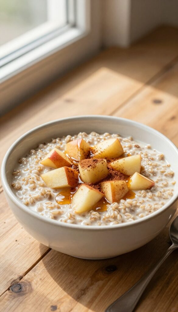 Warm apple cinnamon quinoa bowl on a wooden table, creamy porridge texture, soft morning light