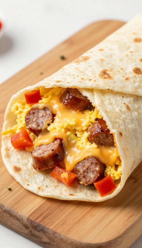 Freezer breakfast burrito with sausage, eggs, cheese, and bell peppers on a wooden board.