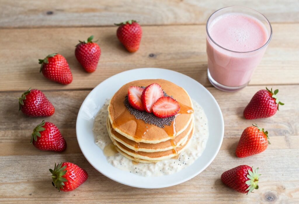 Assorted strawberry breakfast dishes on a wooden table, including pancakes, overnight oats, and a smoothie.