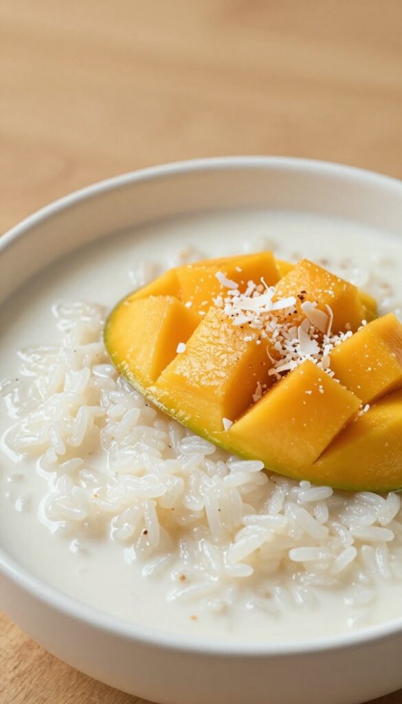 Creamy coconut rice pudding topped with fresh mango and toasted coconut flakes in a bowl