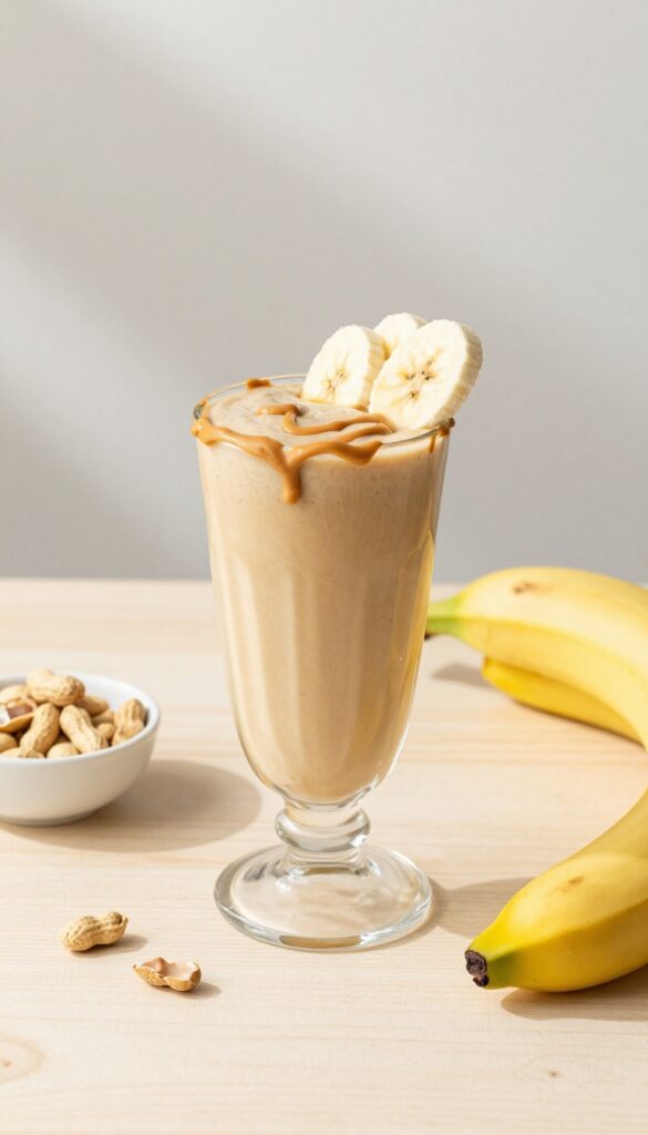Peanut butter and banana smoothie in a glass on a wooden table