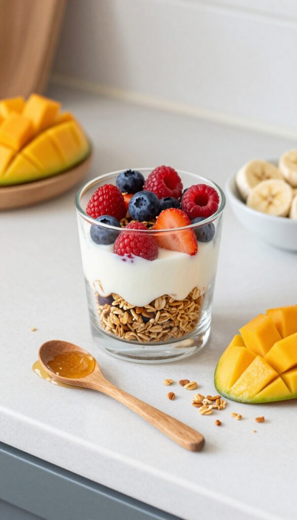 Layered fruit and yogurt parfait in a clear glass cup with granola and berries on a kitchen counter