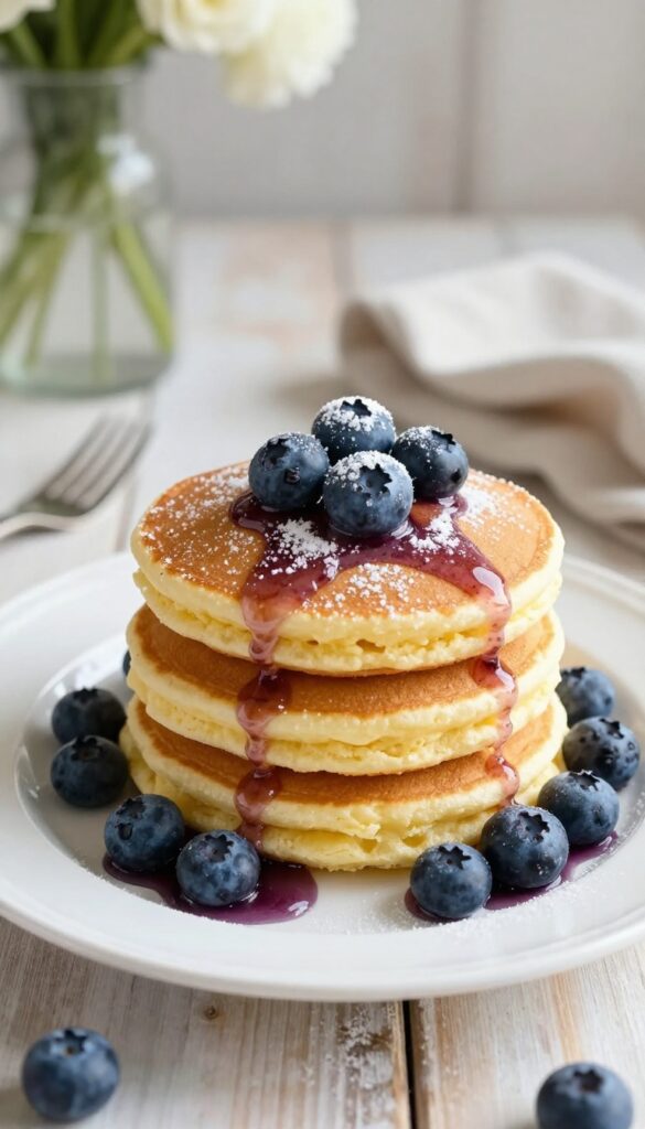 Lemon ricotta pancakes with blueberry syrup on a wooden table in a cozy breakfast nook