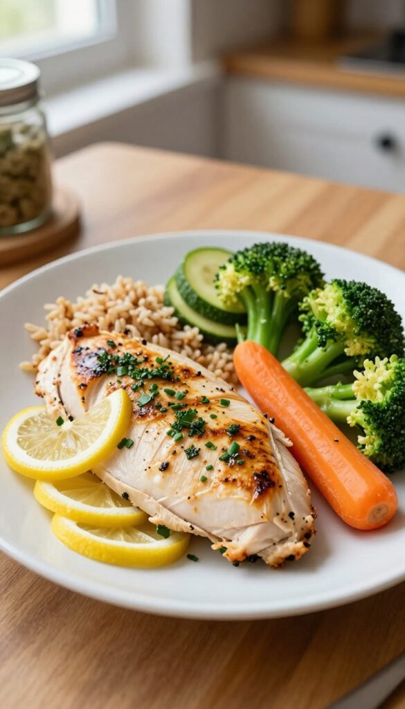 Lemon herb grilled chicken with roasted vegetables and brown rice on a plate