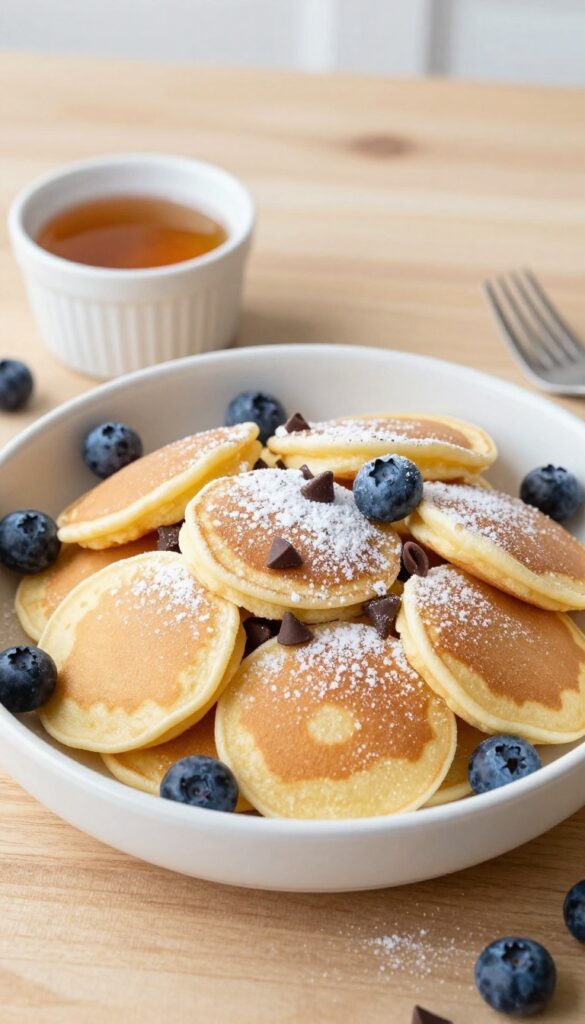 Mini pancake cereal in a bowl with syrup for dipping