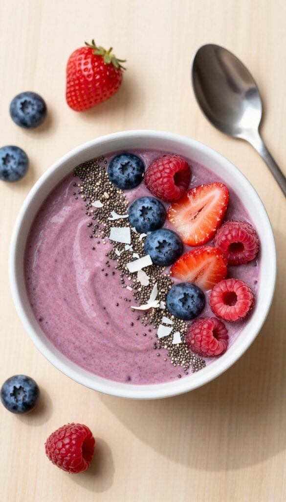 Keto smoothie bowl with berries and seeds on a wooden table