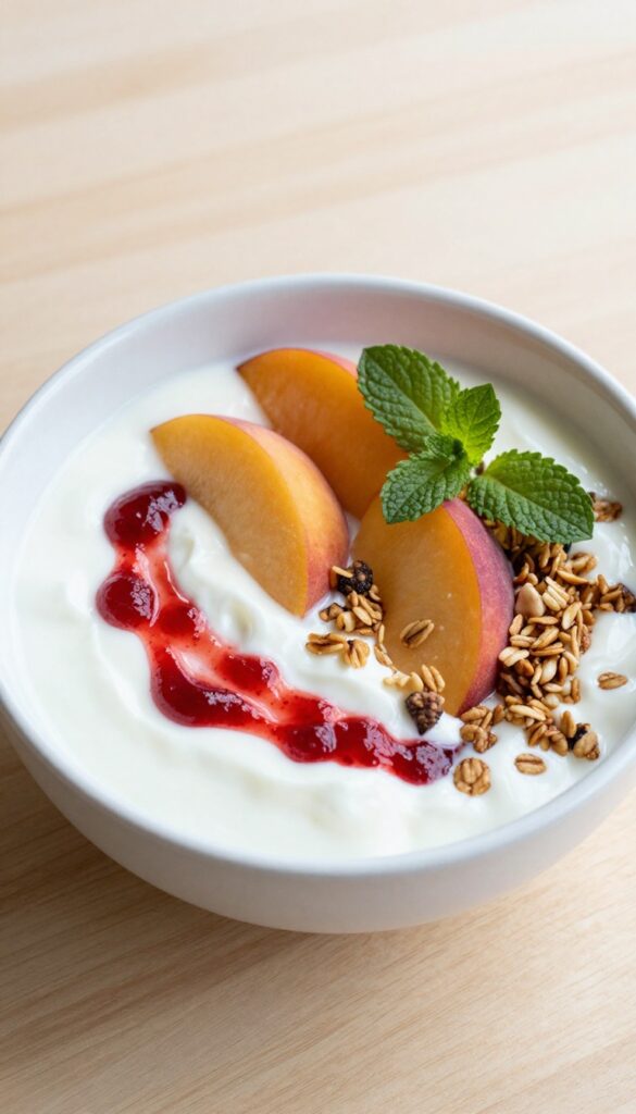 Peach Melba yogurt bowl with peaches, raspberry sauce, granola, and mint