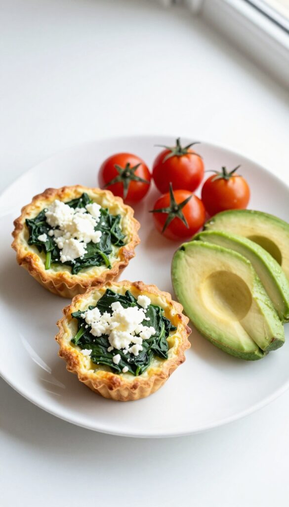 Egg muffin cups with spinach and feta on a plate with cherry tomatoes and avocado