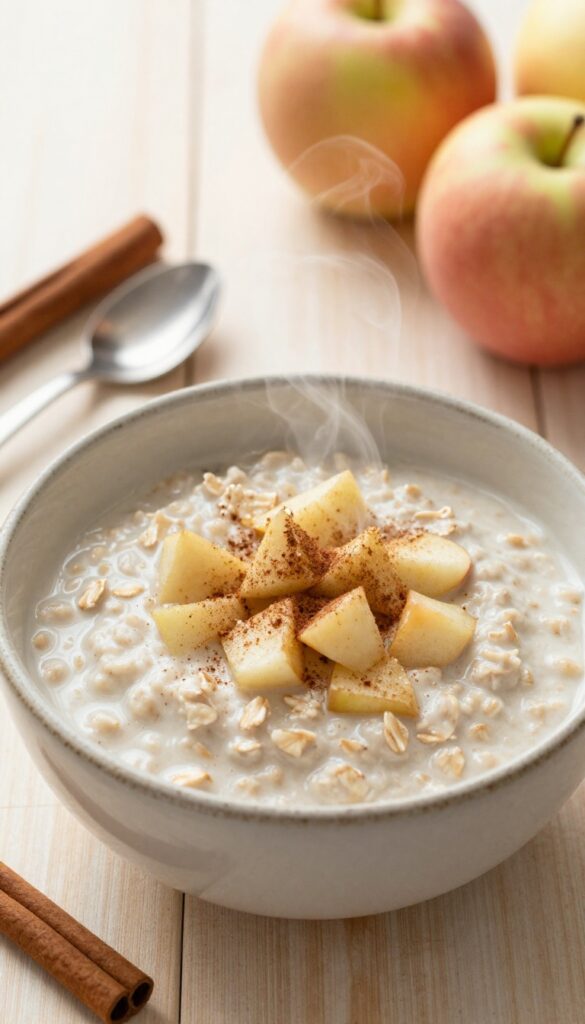 A bowl of apple cinnamon oatmeal with diced apples and cinnamon, served in a ceramic bowl on a wooden table, with natural light and steam.