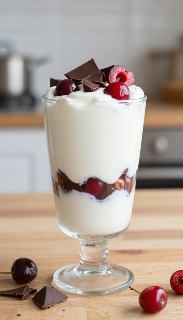 Chocolate Cherry Yogurt Parfait in a glass with layers of yogurt, cherries, and chocolate shavings