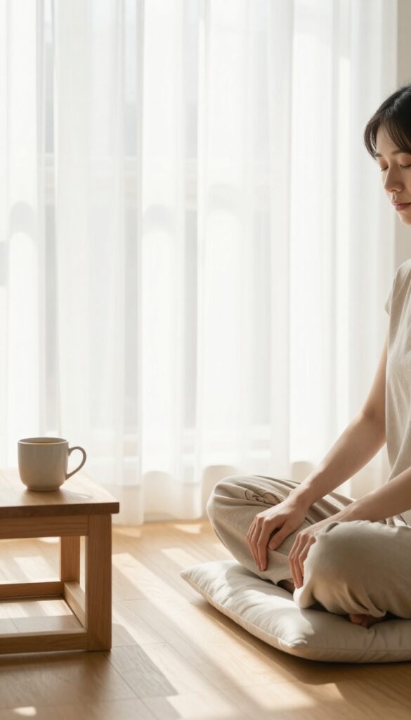 A person sitting in stillness on a cushion in a sunlit living room, practicing a one-minute pause for morning self-care.