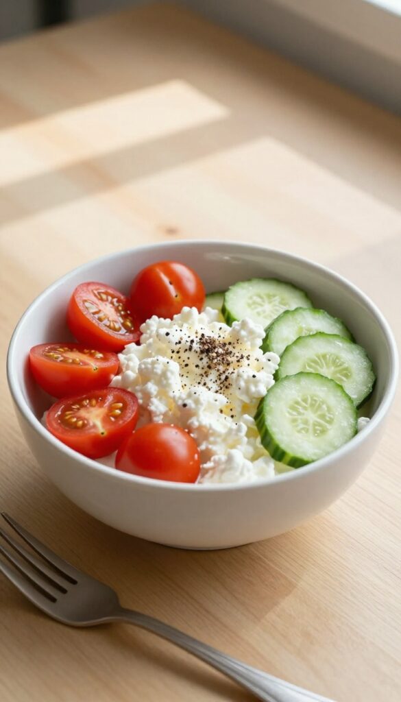 Cottage cheese and cucumber bowl with cherry tomatoes and black pepper on a wooden table