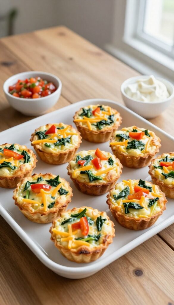 Mini frittatas in muffin tins on a platter with salsa and sour cream
