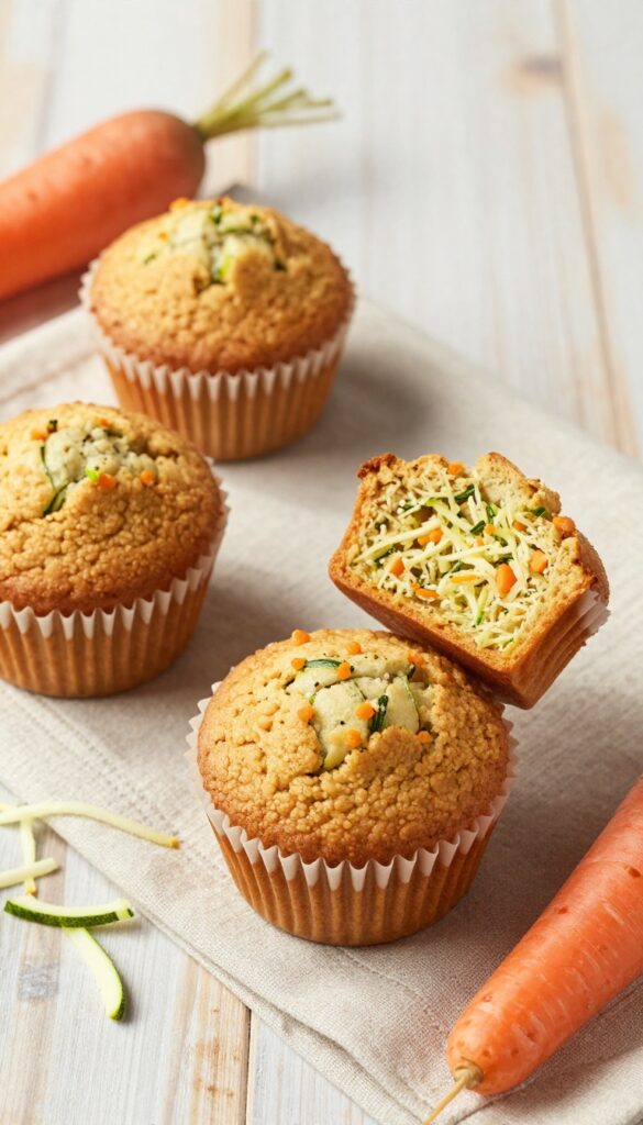 Zucchini and carrot muffins in a tin, one broken open to show moist texture with veggie flecks, plus shredded zucchini and carrots on a rustic table.