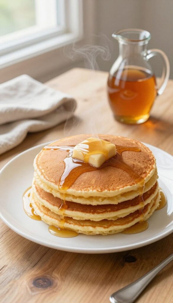 Fluffy buttermilk pancakes with melting maple butter and syrup