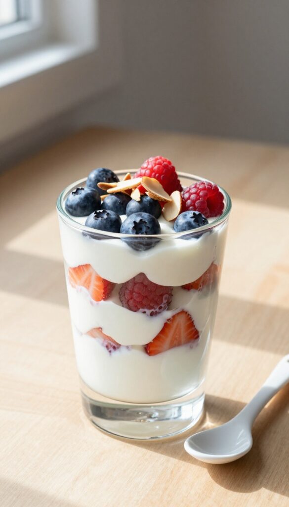 Greek yogurt parfait with berries and almonds in a glass, natural light, fresh and healthy breakfast