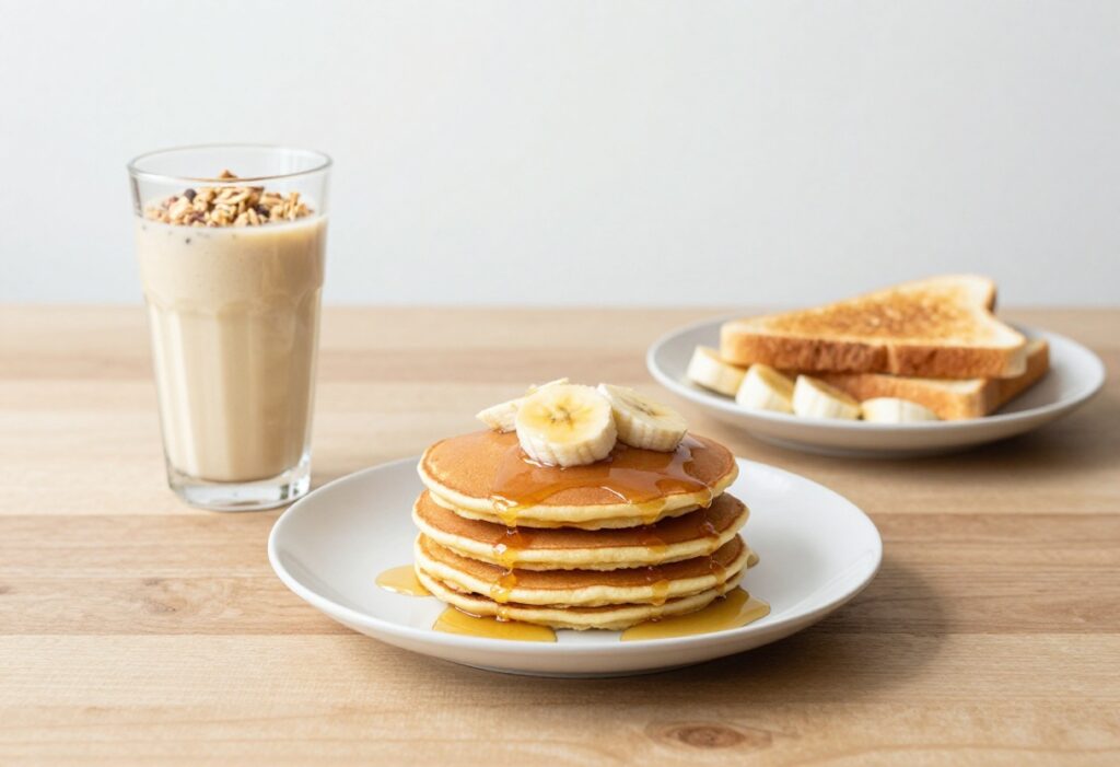 Banana breakfast spread with pancakes, smoothie bowl, smoothie, and toast on a wooden table.