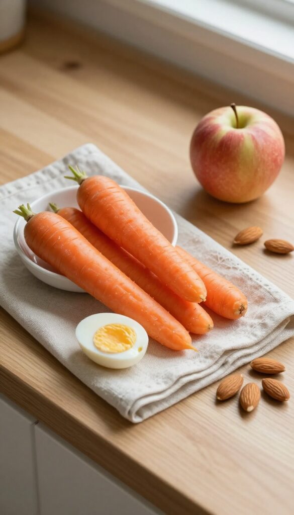 Healthy snack options including baby carrots with hummus, a hard-boiled egg, an apple, and almonds on a wooden counter.