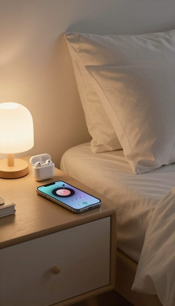 Cozy bedroom nightstand with smartphone and earbuds for a calming playlist or podcast.