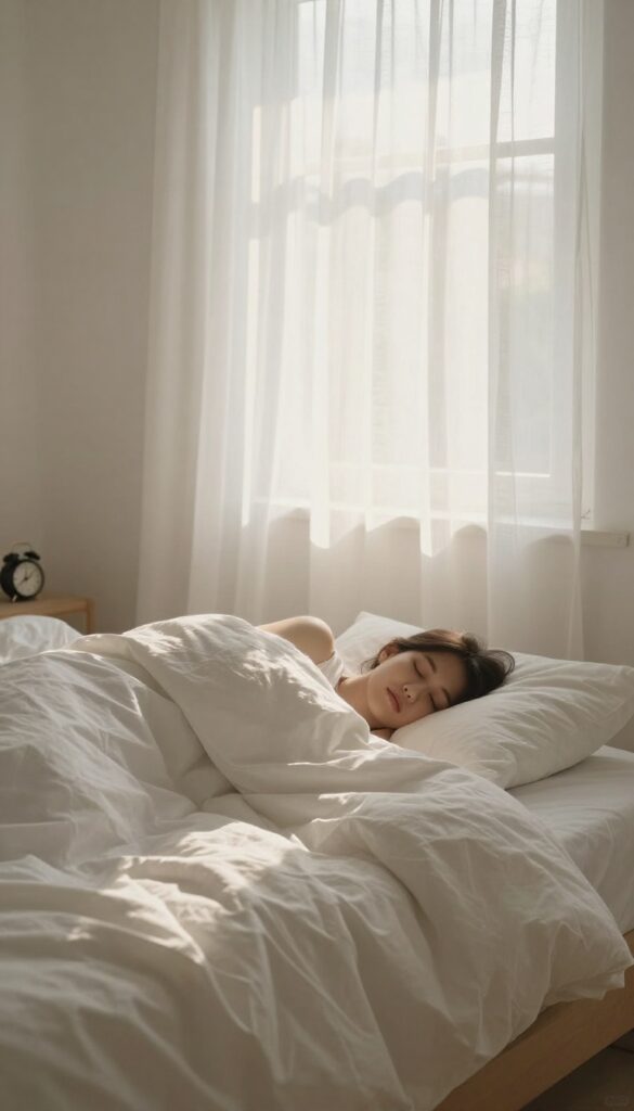 Person sleeping peacefully in a sunlit bedroom without an alarm clock