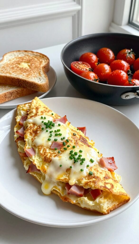 Ham and cheese omelet on a plate with melted cheese and ham, garnished with chives, served with toast and cherry tomatoes.