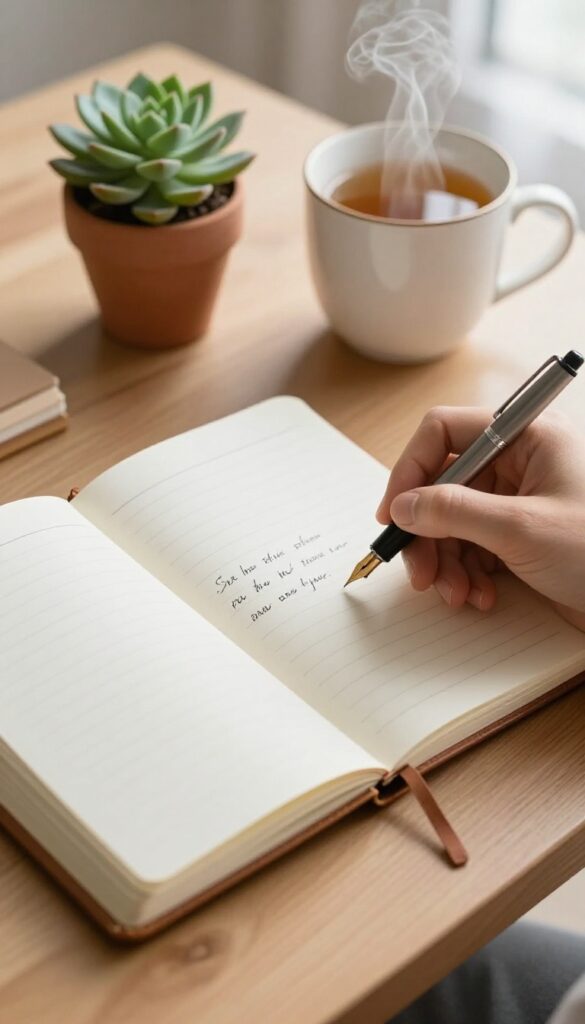 Person writing in a journal with a pen, next to a mug of tea and a succulent, in warm natural light.