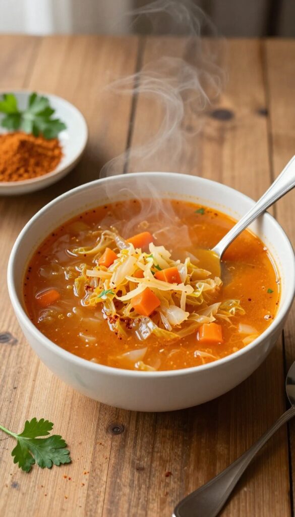 Bowl of cabbage soup with smoked paprika, carrots, and onions on a wooden table