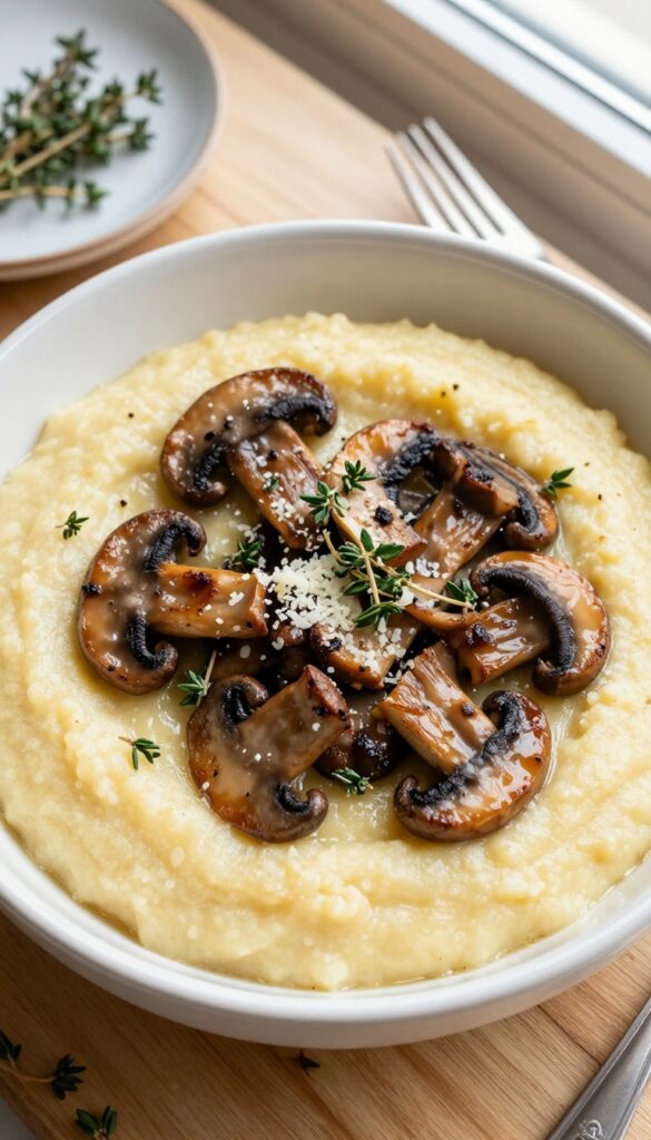 Creamy polenta bowl with sautéed mushrooms and fresh thyme