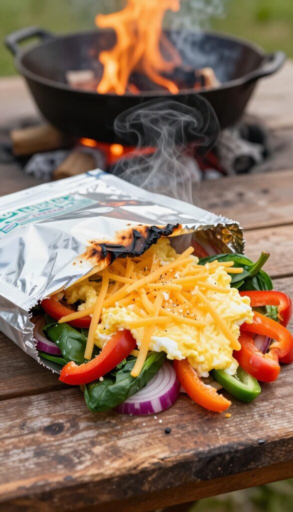 Foil packet veggie and egg scramble on a wooden table by a campfire