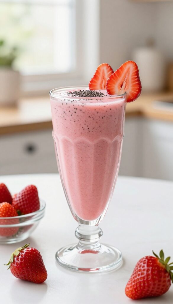 Strawberry smoothie in a glass with fresh strawberries and chia seeds on a kitchen counter
