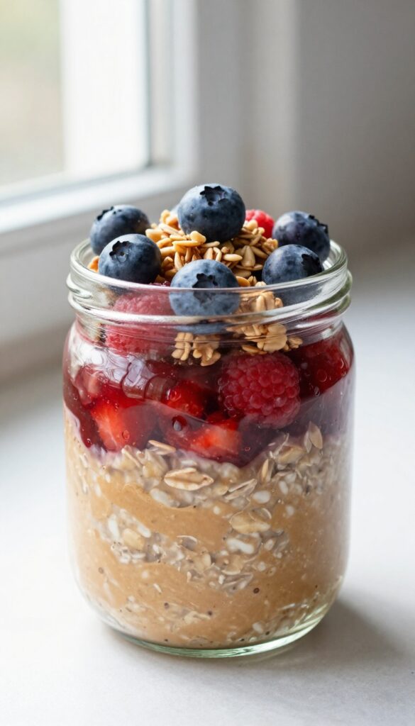 Peanut butter and jelly overnight oats in a clear jar with layers of oats, jam, and fresh berries, held in hand in natural morning light.