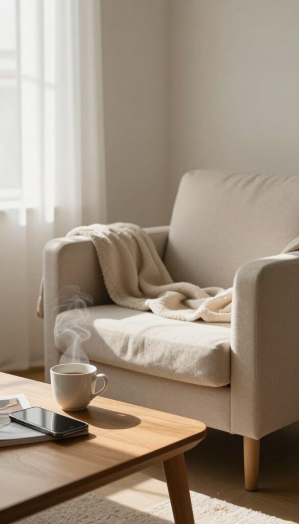 A smartphone face-down on a coffee table next to a teacup and a magazine in a bright, calm living room