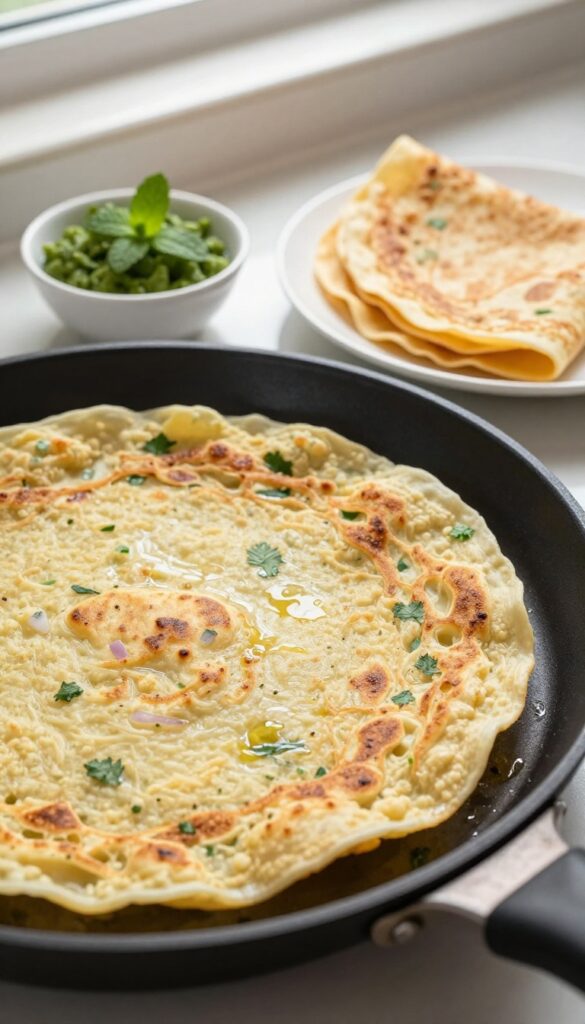 Moong dal chilla cooking on a non-stick pan with mint chutney on the side