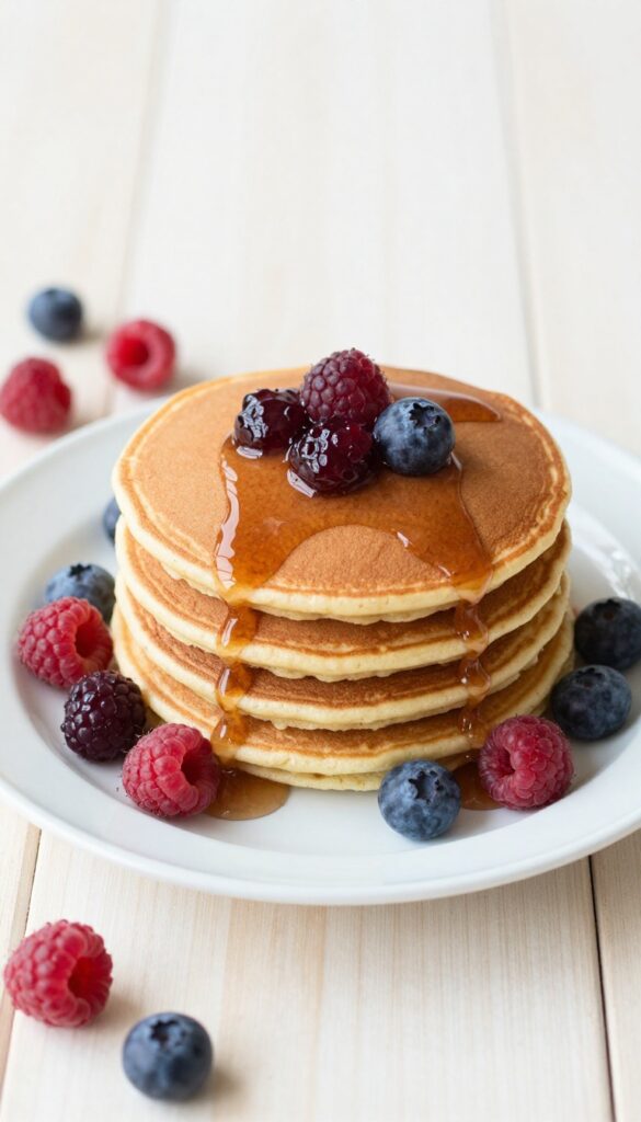 Stack of banana oat pancakes with maple berry compote