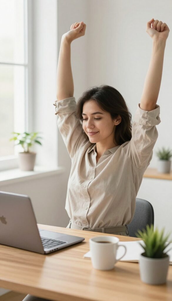 Person doing a five-minute desk stretch in a bright office, reaching arms overhead