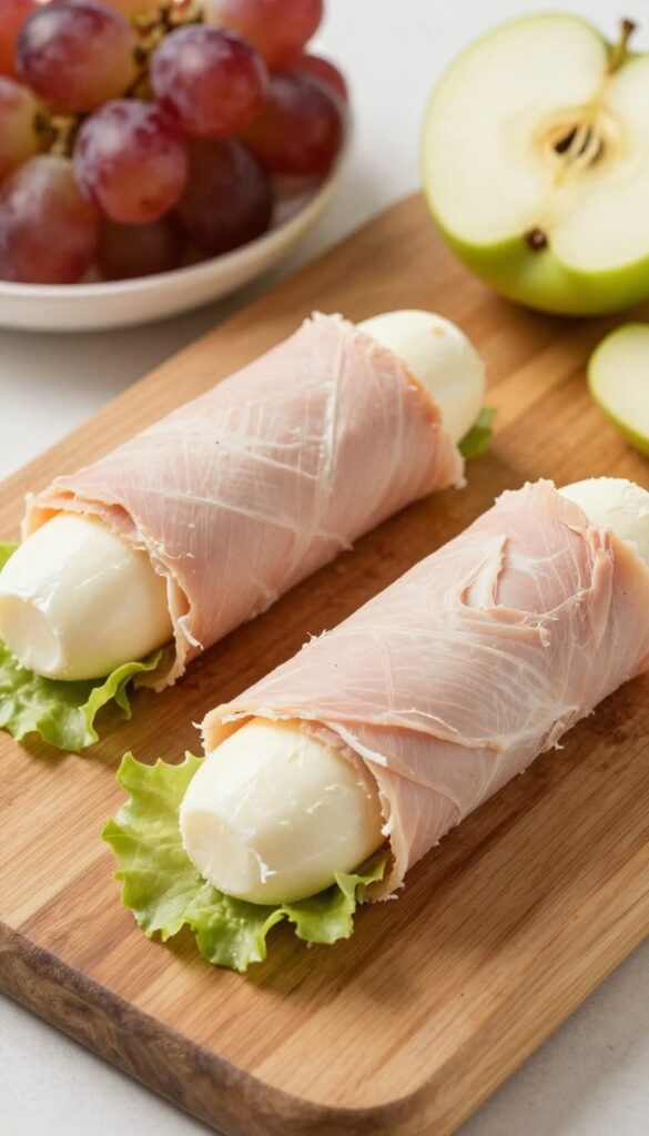 Turkey and cheese roll-ups on a wooden board with grapes and apple slices