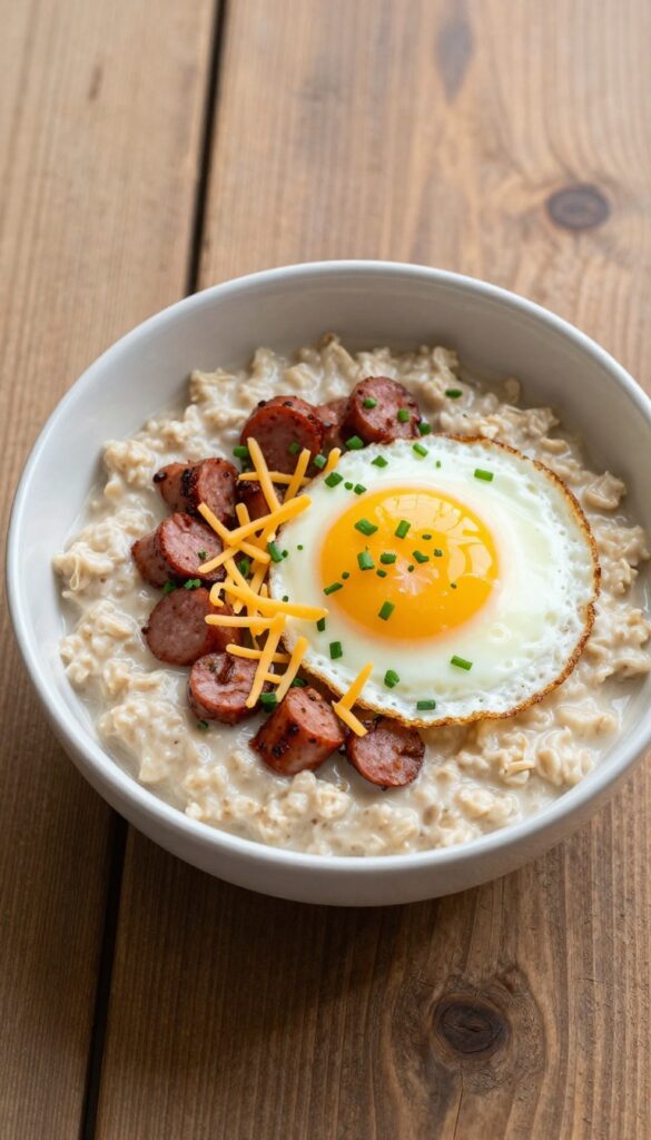 Savory oatmeal bowl with sausage, egg, and cheddar cheese