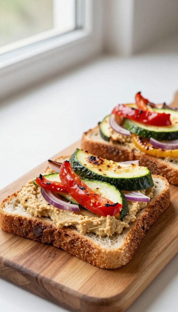 Roasted veggie and hummus toast on a wooden board
