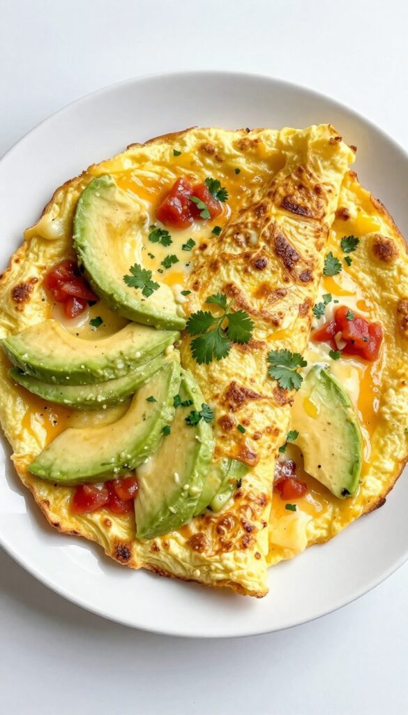 Avocado and salsa omelet on a plate with cilantro garnish