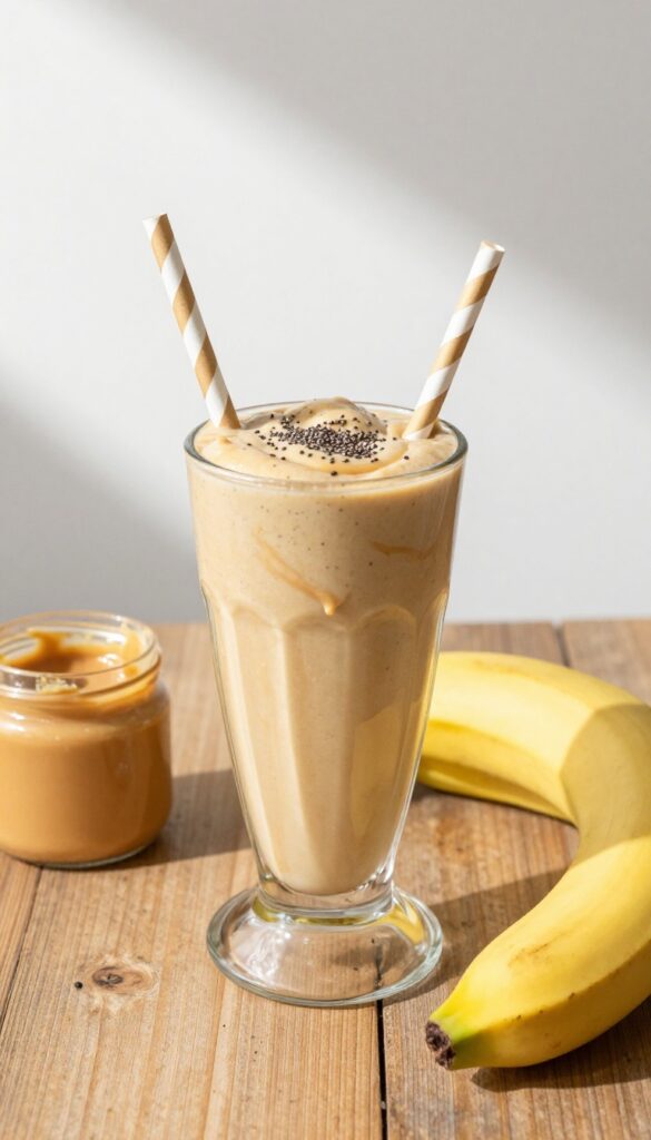 Peanut butter banana smoothie in a glass on a wooden table with banana and peanut butter jar