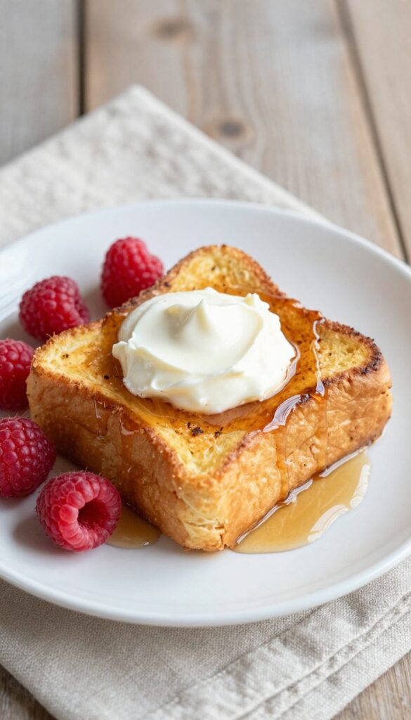 Stuffed brioche French toast with mascarpone and raspberries, drizzled with maple syrup, on a white plate.